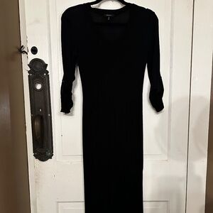 Black Knit V-Neck Maxi Jersey Dress Tab Sleeve Front Pocket T-Shirt
